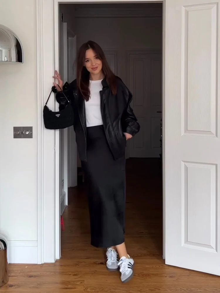 black satin skirt outfit