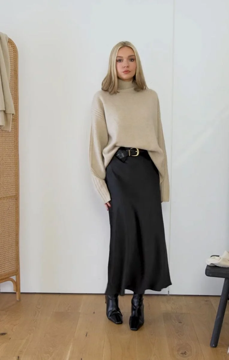 black satin skirt outfit