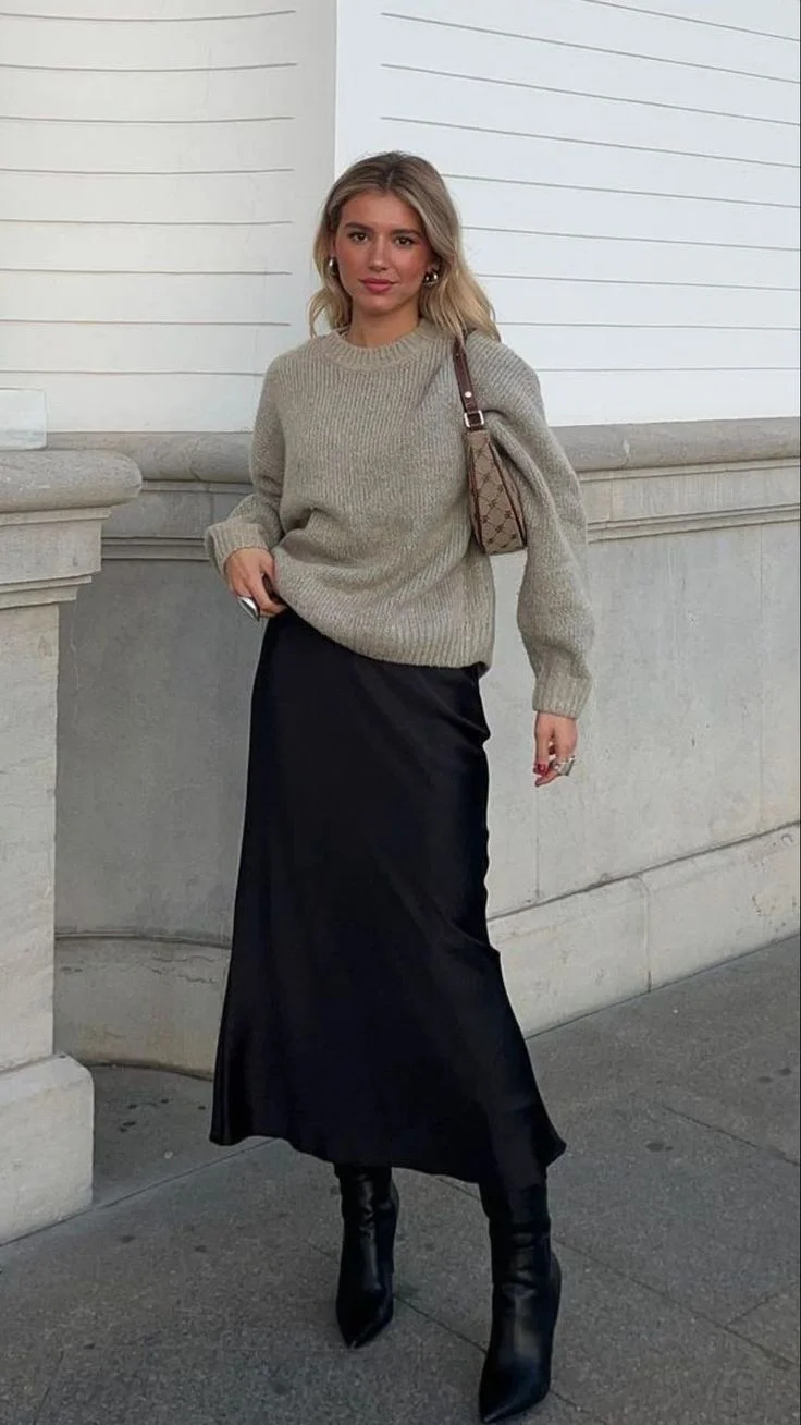 black satin skirt outfit