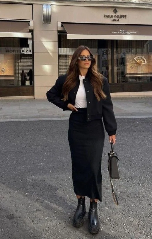 black satin skirt outfit